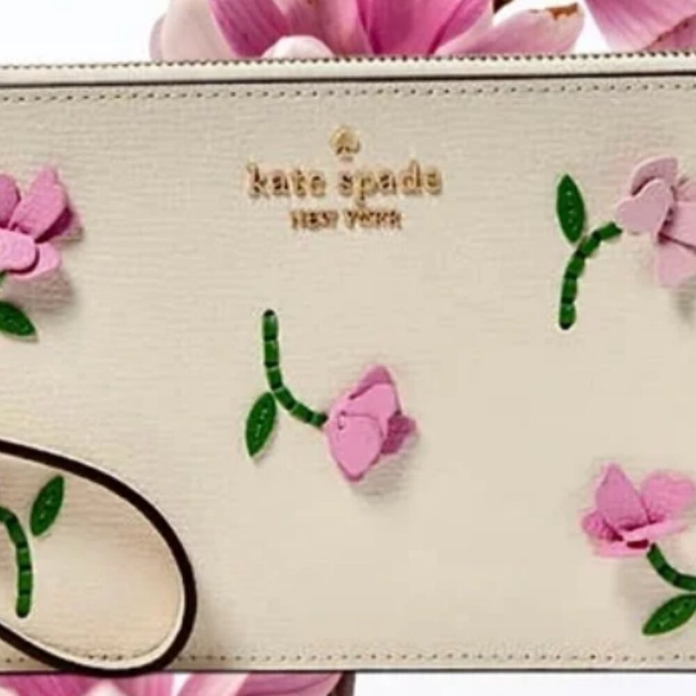 Kate Spade Cream Wristlet with Pink Floral Appliques - Picture 2 of 5